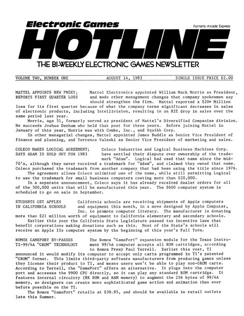 Electronic Games Hotline Volume 2 No. 1 (August 14, 1983)