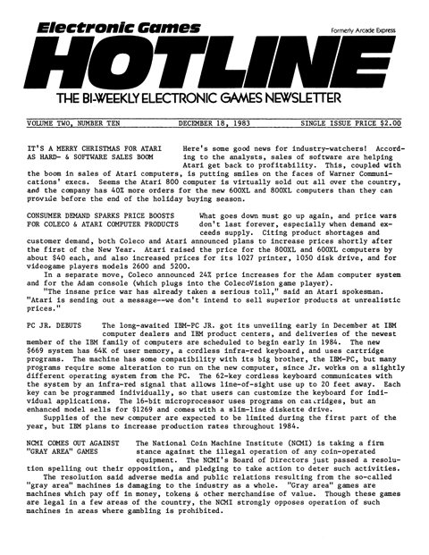 Electronic Games Hotline Volume 2 No. 10 (December 18, 1983)