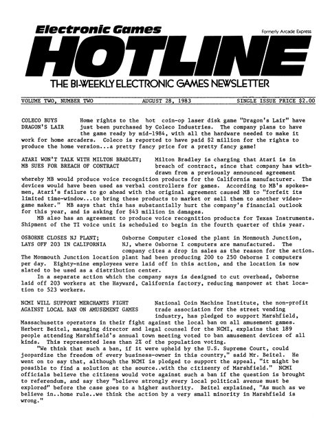 Electronic Games Hotline Volume 2 No. 2 (August 28, 1983)