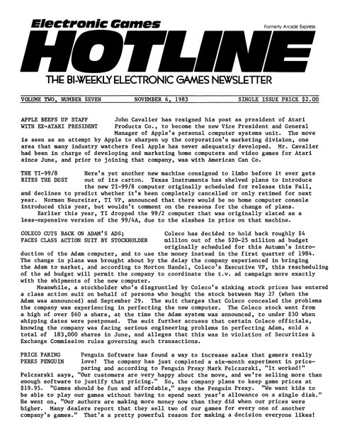 Electronic Games Hotline Volume 2 No. 7 (November 6, 1983)