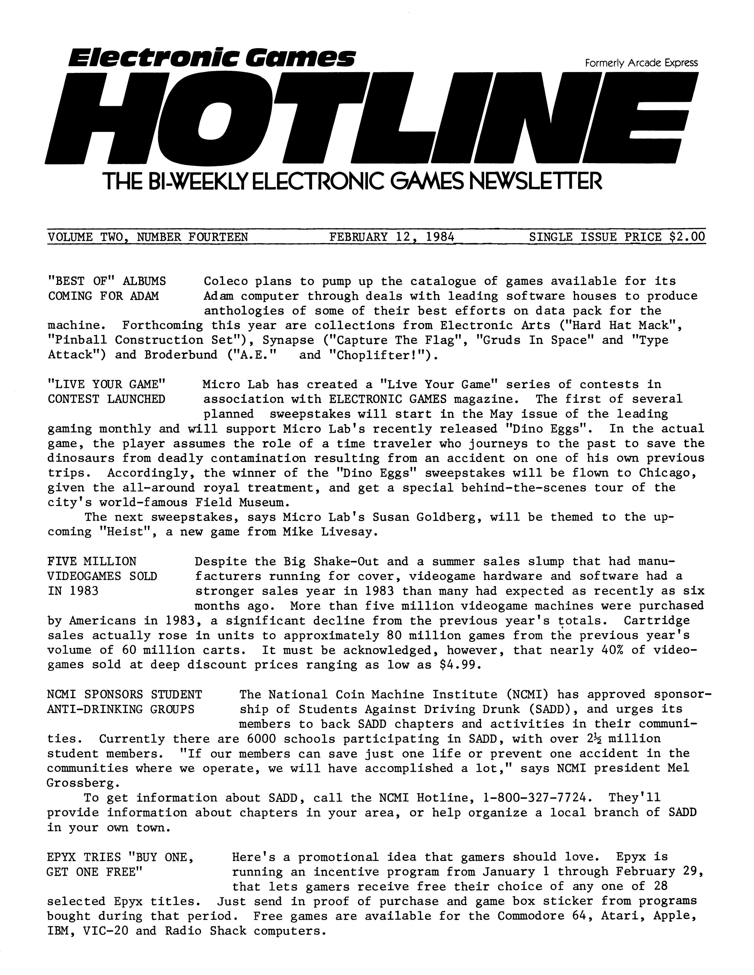 Electronic Games Hotline Volume 2 No. 14 (February 12, 1984)