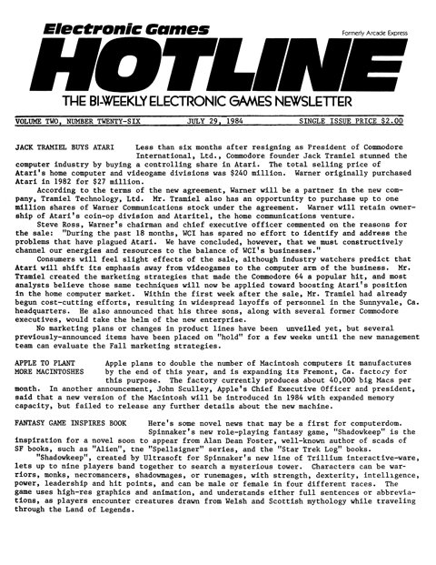 Electronic Games Hotline Volume 2 No. 26 (July 29, 1984)