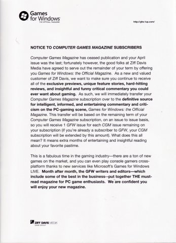 Computer Games Magazine cancelation notice