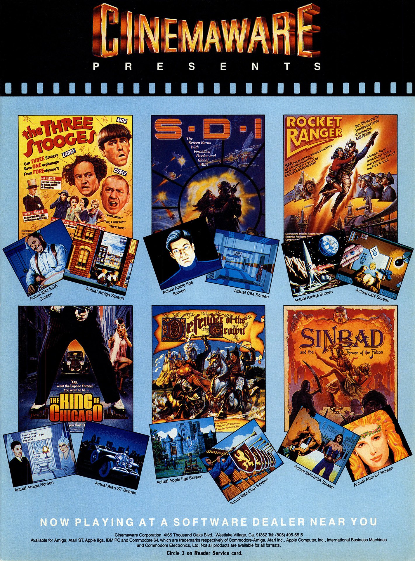 Cinemaware (The Three Stooges, SDI, Rocket Ranger, The King of Chicago, Defender of the Crown, Sinbad and the Throne of the Falcon).jpg