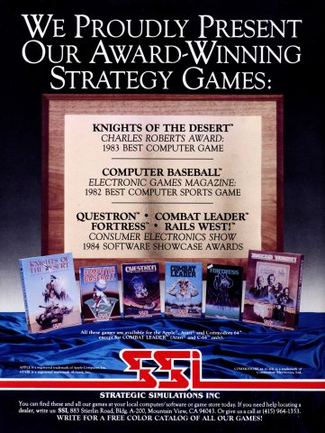 SSI Award Winners - Knights of the Desert, Computer Baseball, Questron, Combat Leader, Fortress, Rails West