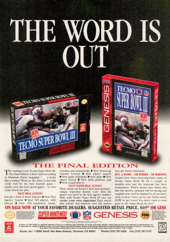 Tecmo Super Bowl III: Final Edition (November, 1995)