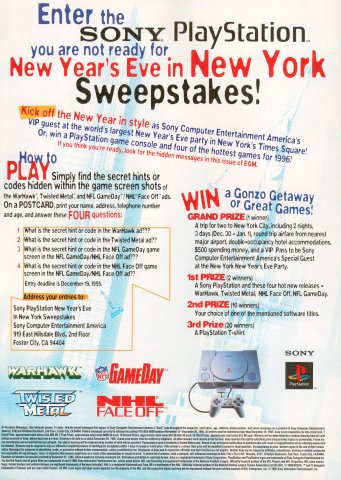Sony PlayStation You Are Not Ready for New Year's Eve in New York sweepstakes (December, 1995)