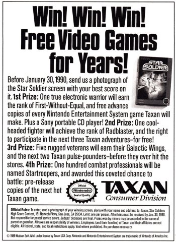 Taxan Star Soldier High Score Contest (February, 1990)
