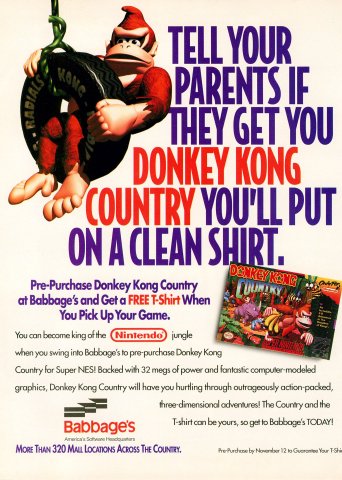 Babbage's Donkey Kong Country t-shirt pre-order (November, 1994)