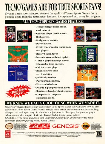 Tecmo Super Baseball (November, 1994)