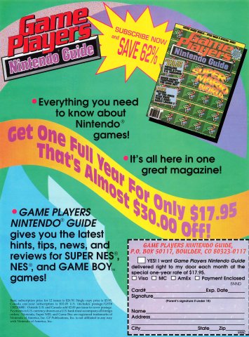 Game Players Nintendo Guide subscription ad (April 1992)