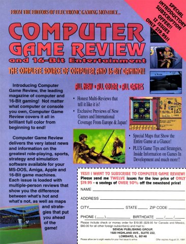 Computer Game Review and 16-Bit Entertainment subscription ad (September, 1991)