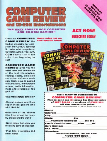 Computer Game Review and CD-ROM Entertainment subscription ad (August, 1992)